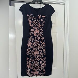 Connected Apparel Navy Dress with Pink Floral Design